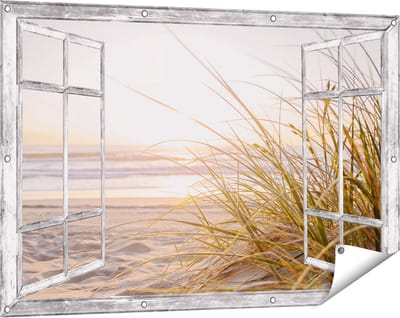 Gards Tuinposter Doorkijk Strand en Duinen tijdens Zonsondergang - 120x80 cm - Tuindoek - Tuindecoratie - Wanddecoratie buiten - Tuinschilderij