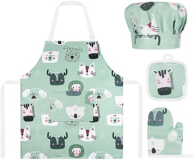 Dailygoods- Kinderschort Verstelbaar - Keukenschort Kind 2-6 Jaar - Kokschort met Zakken - Muts voor Koken/Bakken - Antislip/Waterdicht - Koks Schort