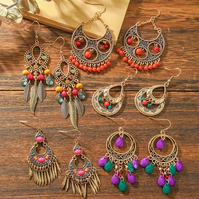 12 paar Boho Vintage Oorbellen voor Dames Vakantie Hofstijl Handgemaakt Kwastje Oorhanger Dagelijks Gebruik Werk Feest Decoraties Cadeau Veelzijdig brown