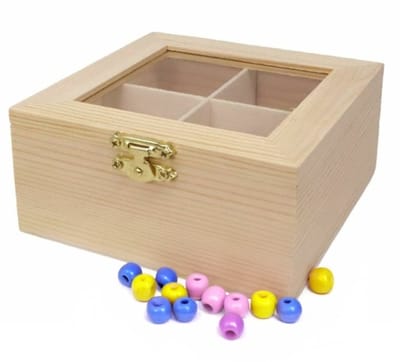 Concorde Opbergdoos voor kralen & knutselspullen - Hout - 4 vakken - 12x12x5 cm