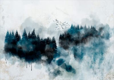 Fotobehangkoning - Behang - Vliesbehang - Fotobehang Geschilderd Bos - Schilderij - Painted Mountains - 150 x 105 cm