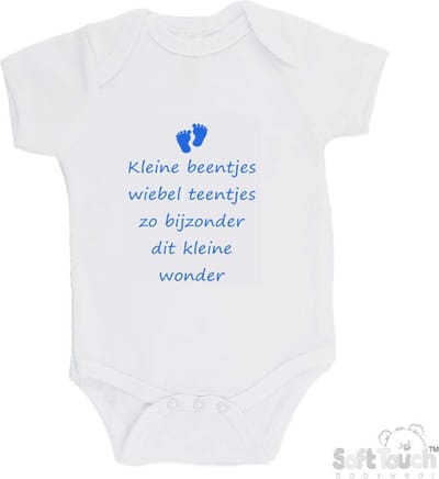 100% katoenen Romper "Kleine beentjes Wiebel teentjes Zo bijzonder Dit kleine wonder" Jongens Katoen Wit/blauw Maat 62/68