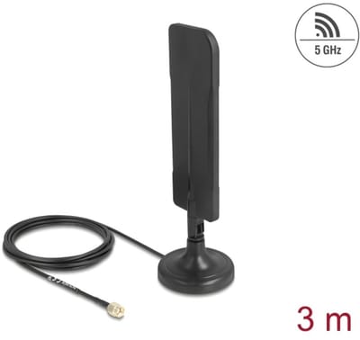 Delock Antenna WiFi 5.8 GHz RP-SMA plug 3 dBi omnidirectional with connection cable RG-174 3 m with tilt joint with magnetic base black