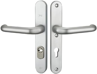 Veiligheidsgarnituur, D4E, alum.,afgerond, kruk/kruk, met kerntrekbeveiliging, PC72, deurdikte 40-54mm, schild 40mmx246mm