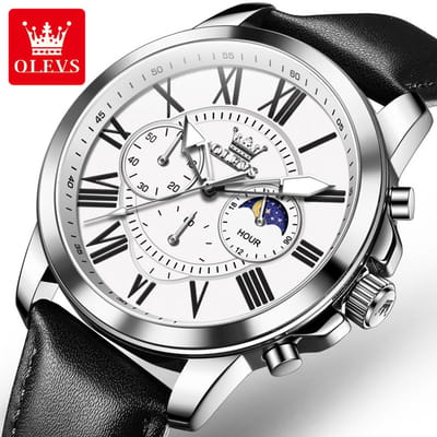 HO-3632.zw-z : Olevs zilverkl edelstaal chronografisch quartz horloge, zilverwitte wijzerplaat, zwarte genuine lerenband, uren & minuten & maanfase -aanduiding