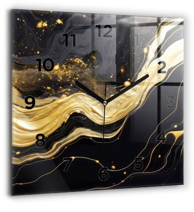 Wallfluent Wandklok - Gouden marmer Klok als Muurdecoratie - 60 cm x 60 cm - Gouden Wandklok - Zwarte Handen - Wandklok Met Cijfers - Stille Wandklok Slaapkamer - Vierkante Glas Klok - Scandinavisch Wandklok - Klok als Muurdecoratie