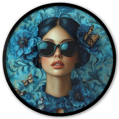 Poster in lijst Rond - Fotolijst 40x40 cm - Posters - Vrouw - Bloemen - Vlinders - Blauw - Abstract - Ronde posterlijst zwart - Decoratie - Wanddecoratie woonkamer - Muurdecoratie slaapkamer