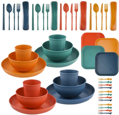 Campingborden en Kommen, Set van 48 Stuks, Onbreekbaar, Lichtgewicht Campingset voor 4 Personen, Herbruikbare Plastic Dinerset, Kampeerserviesgoed Sets voor Dinerfeest Picknick