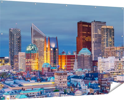 Gards Tuinposter Den Haag Skyline met Wolkenkrabbers - 180x120 cm - Tuindoek - Tuindecoratie - Wanddecoratie buiten - Tuinschilderij