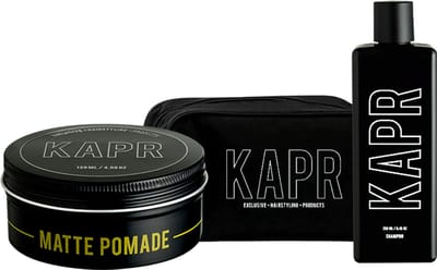 KAPR Matte Pomade 135ml + Shampoo 250ml – Gift Set met Gratis Toilettas
