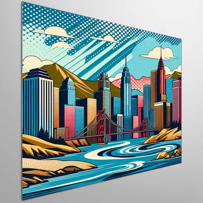 Pop art landschap schilderij | Kleurrijk landschap van de moderne wereld: pop art schilderij | Kunst - 80x80 centimeter op Dibond | Foto op Dibond