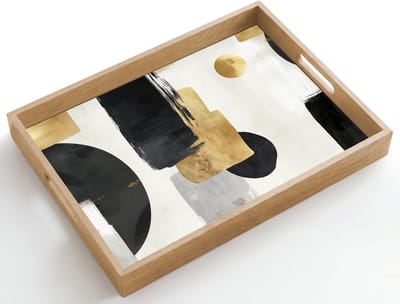 Dienblad hout 50x35 cm - Schootdienblad - Goud - Rechthoeken - Cirkels - Abstract - Borrelplank rechthoek - Plateau dienbladen