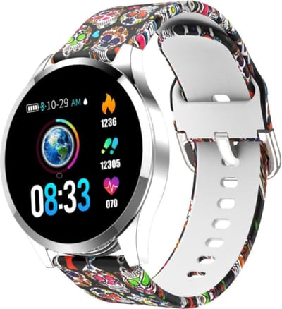 Belesy® BQSiZi8 Skull - Limited edition - Smartwatch Dames - Smartwatch Heren - Horloge - Stappenteller - 1.3 inch - Kleurenscherm - 10x Sporten - INDOOR en OUTDOOR - Zilver - Siliconen