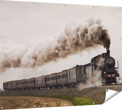 Gards Tuinposter Locomotief Trein met Rook Wolken - 160x120 cm - Tuindoek - Tuindecoratie - Wanddecoratie buiten - Tuinschilderij
