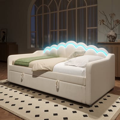 MEUNIQ Slaapbank 90x200 cm met hydraulische opbergruimte, LED-verlichting en golvend hoofdbord, eenpersoons bedbank voor slaapkamer, beige