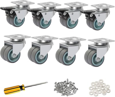 Dubbele Zwenkwielen 50 mm - 8 Stuks met Remmen voor Meubels - Harde Belasting tot 100 kg per Wiel - 360 Graden Rotatie