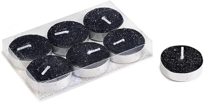 Glitter Waxinelichtjes/Theelichtjes Zwart - 6 stuks Ø 3.5 x 1 cm - in transparante box - Kerst - kaarsen