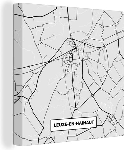 Canvas Schilderij België – Leuze en Hainaut – Stadskaart – Kaart – Zwart Wit – Plattegrond - 20x20 cm - Wanddecoratie