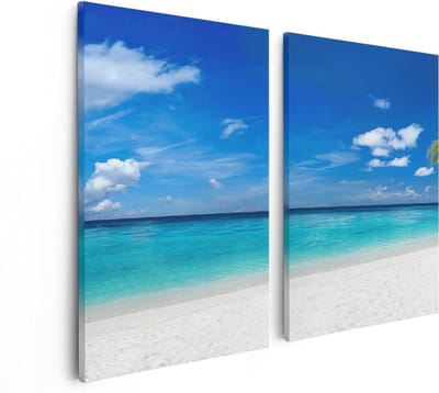 Artaza Canvas Schilderij Tweeluik Tropisch Strand Met Een Palmboom - 80x60 - Foto Op Canvas - Canvas Print