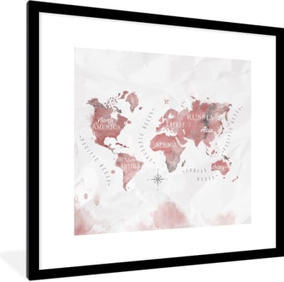 Poster in lijst - Fotolijst 40x40 cm - Posters - Wereldkaart - Waterverf - Rood - Posterlijst zwart - Decoratie - Wanddecoratie woonkamer - Muurdecoratie slaapkamer