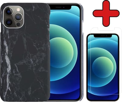 Hoesje Geschikt voor iPhone 12 Pro Hoesje Marmer Hardcover Fashion Case Hoes Met Screenprotector - Hoes Geschikt voor iPhone 12 Pro Marmer Hoesje Hardcase Back Cover - Zwart