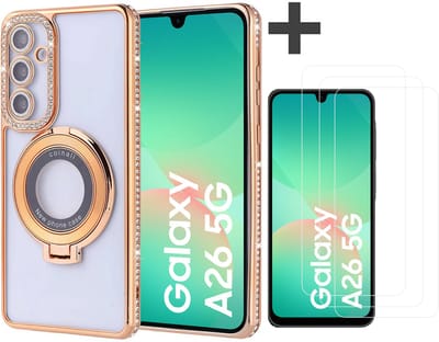 Hoesje met Ringhouder Geschikt voor Samsung Galaxy A26 met Diamant Glitters en 3 Stuks Gehard Glas Screenprotector – Arara Backcover - Goud