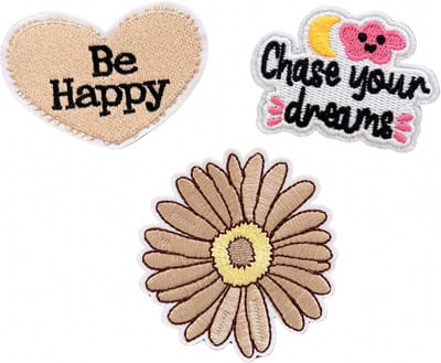 Beige Bloem Be happy - chase your dreams - be happy hart Strijk Embleem 3 stuks - Opstrijkbare geborduurde patches - Kleding Patchs - Versiering Voor Kleding - Iron On - Doe-het-zelf-accessoires - Naai op geborduurde applicatie