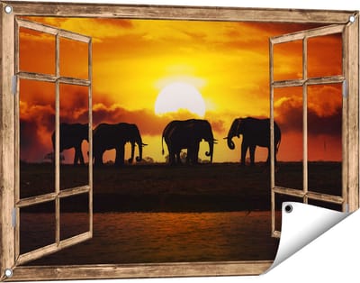 Gards Tuinposter Doorkijk Silhouet Olifanten tijdens Zonsondergang - 90x60 cm - Tuindoek - Tuindecoratie - Wanddecoratie buiten - Tuinschilderij