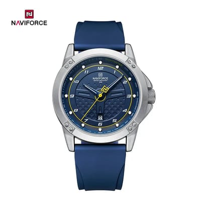 NAVIFORCE horloge voor mannen, met blauwe siliconen polsband, mat zilveren uurwerkkast, blauwe wijzerplaat met gele wijzers ( model 8031 SBEBE ), verpakt in mooie geschenkdoos