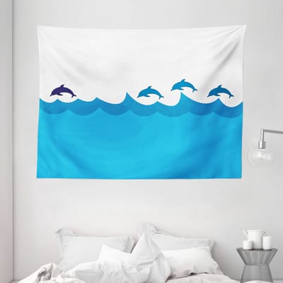 ABAKUHAUS Wandtapijt met zeedieren, Lood en 3 dolfijnen in de schaduw op de golven, 230 x 140 cm, blauw turkoois