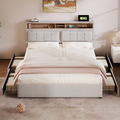 Doppelbett - 140x200 cm - 4 laden - USB-C stopcontact - Hoogte verstelbaar hoofddeel - Houten lattenrost (zonder matras)