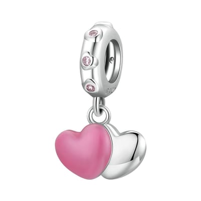 Dubbel hart dangle bedel | bedels voor armband | Roze heart bead | bedels beads cadeau | Zilverana | geschikt voor alle bekende merken | 925 zilver | moederdag
