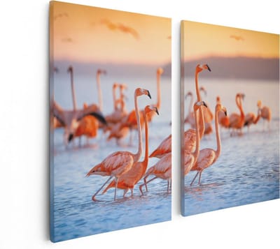 Artaza Canvas Schilderij Tweeluik Kudde Flamingo's in het Water - 80x60 - Foto Op Canvas - Canvas Print