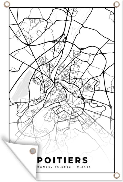 Muurdecoratie Plattegrond - Kaart - Poitiers - Frankrijk - Stadskaart - Zwart wit - 120x180 cm - Tuinposter - Tuindoek
