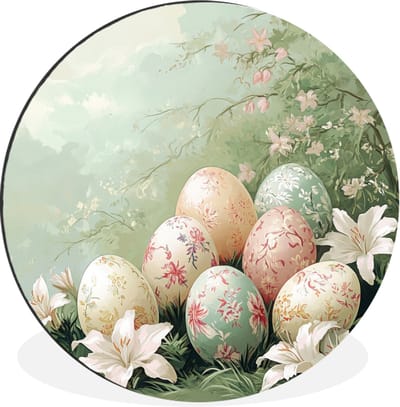 WallCircle - Wandcirkel - Muurcirkel - Paaseieren - Pasteltinten - Bloemen - Aluminium - Dibond - 30x30 cm - Binnen en Buiten