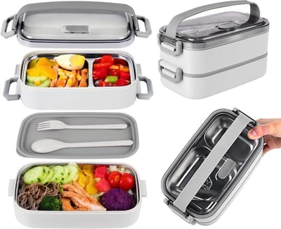 Lunchbox - Lekvrije Broodtrommel - RVS - Inclusief servies - Dubbellaagse - 19.6x11.8x10.5 cm - Voor School,Werk,Onderweg - Wit