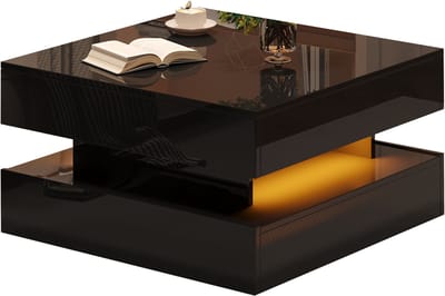 Moderne Salontafel Zwart - Vierkante Hoogglans Salontafel - Met Liftblad en Opbergruimte - App LED Verlichting - Voor Woonkamer - 65x65x38,5 cm - Zwart