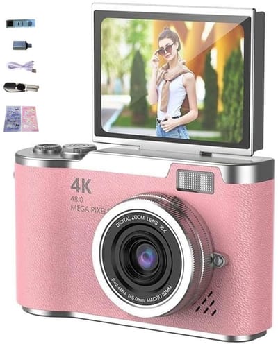 ECTEATOY® Digitale Camera - Compactcamera's 4K 48MP met 180 °Flip Screen - 8 x Zoom - Camera voor Kinderen en Volwassen - Vlogcamera & Selfiecamera - Roze