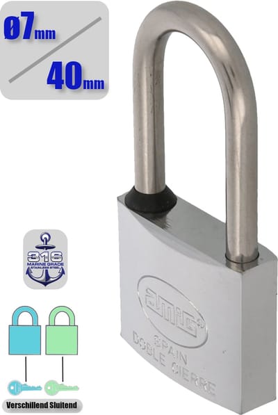 AMIG Hangslot RVS 316 Ø7/40mm Hoge Beugel Met Sleutel - Marine Weerbestendig Buiten