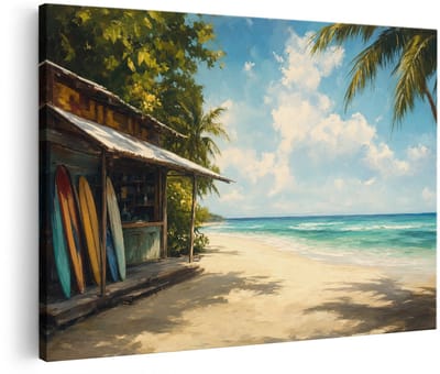 Artaza Canvas Schilderij Surfshop Aan Het Strand - Palmbomen En Zee - 90x60 cm - Wanddecoratie Woonkamer - Schilderijen - Muurdecoratie