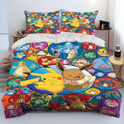 3D Cartoon Pikachu Pokemon Monster Dekbed Beddengoed Set Dekbedovertrek Bed Set Dekbedhoes Kussensloop Queen Beddengoed Set Volwassenen Kinderen AU Single(140*210cm)3pcs