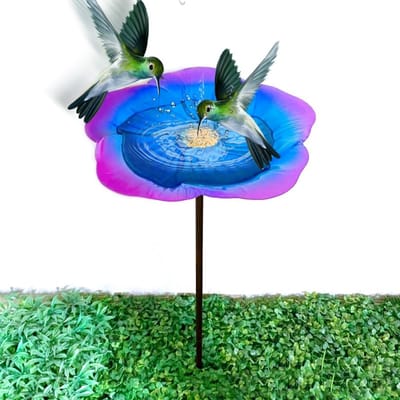 Vogelbad - Voederbak voor in de tuin - Vogelbad - Metalen vogelbad - Voederbak voor buiten - Verwijderbaar - Vogelwaterbad - Vorstbestendig vogelbad - Bloemenpatroon (paars/blauw)
