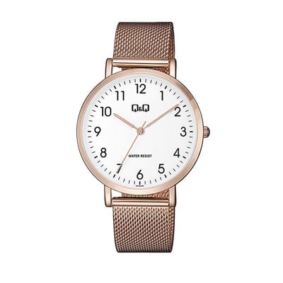 Q&Q QA20J064Y - Horloge - Analoog - Mannen - Heren - Mesh/Milanese band - Rond - Metaal - Cijfers - Rosékleurig - Wit