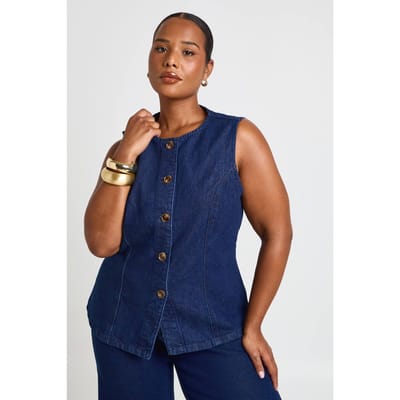 boohoo Dames Plus Gilet Met Hoornknopen | Indigo | Maat: 44