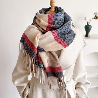 Wintersjaal - Veelzijdige kwastjessjaal - Wintermode - Damessjaal - Zacht en warm - Herfstsjaal - Omslagdoek - Dames wintersjaal - Warme omslagdoek - Warme nekwarmer - Geruit - Geschikt als cadeau voor vrienden en familie - Marineblauw/Rood-210x70 cm