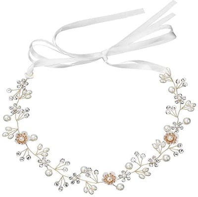 Dailygoods- Hoofdband Bruid Gouden Parel - Haaraccessoire Bruiloft - Handgemaakt - Flexibel - 37 cm - Prachtige Bloemen - Haarband