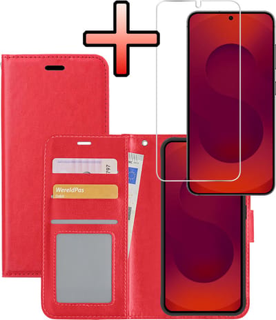Hoesje - Met Screenprotector - Geschikt voor Samsung Galaxy S25 - Luxe Pasjeshouder - Bookcase Portemonee - Flip Case - Kunstleer Book Case - Flipcase - Book Cover - Walletcase - Portemonneehoes - Rood