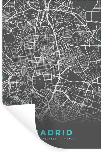 Muurstickers - Sticker Folie - Madrid - Blauw - Kaart - Plattegrond - Stadskaart - 20x30 cm - Plakfolie - Muurstickers Kinderkamer - Zelfklevend Behang - Zelfklevend behangpapier - Stickerfolie