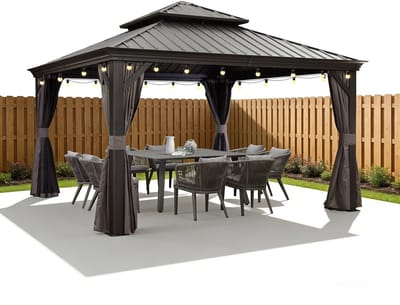 PURPLE LEAF Hardtop Aluminium Tuinpaviljoen – Dubbel dak – Hoogwaardige Gordijnen – Wind- en weerbestendig – Luxueus Grijs – Met Sfeerverlichting