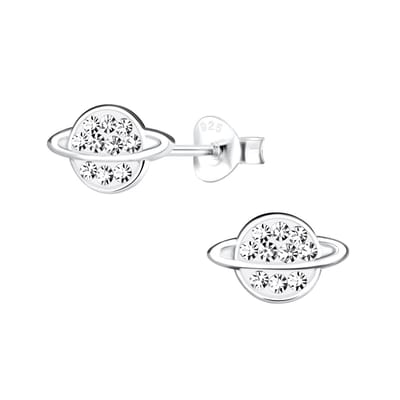 Joy|S - Zilveren planeet oorbellen - saturnus - 10 x6 mm - kristal